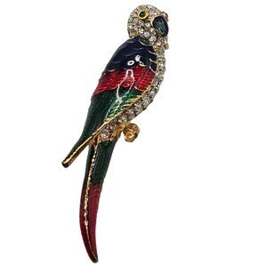 Exotic Bird Parrot Brooch Pin Tropical Chic Stmt 2.75" Pave Rhinestone &‎ Enamel